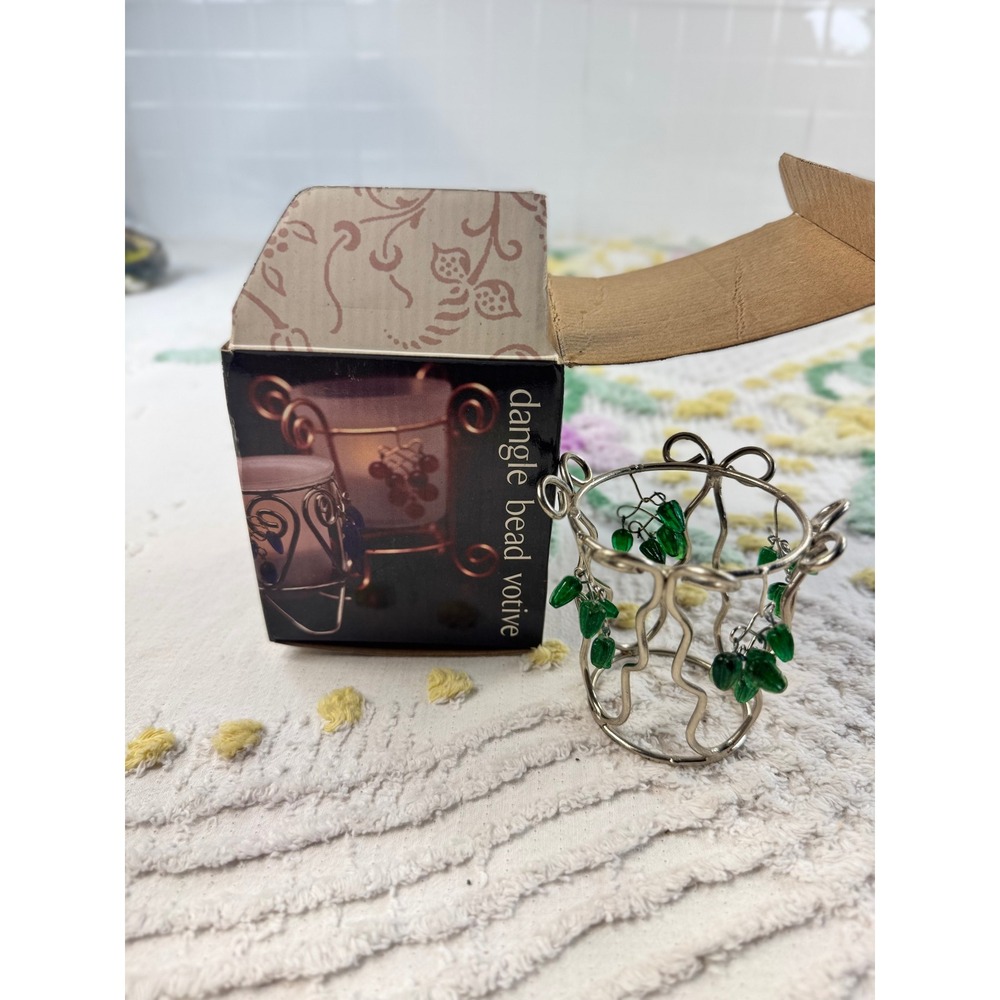 New View Dangle Bead Votive Candle Holder Silver Wire Green Glass Beads NIB